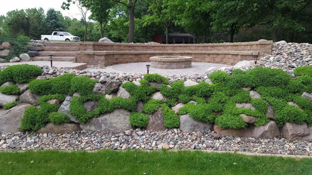 Lush green ground cover on stone wall with circular patio in a landscaped garden setting.